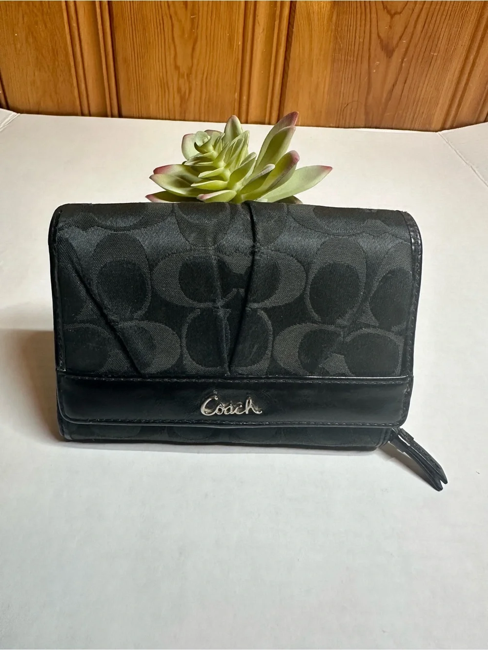 Coach Black Signature Logo Compact Wallet with Silver Logo